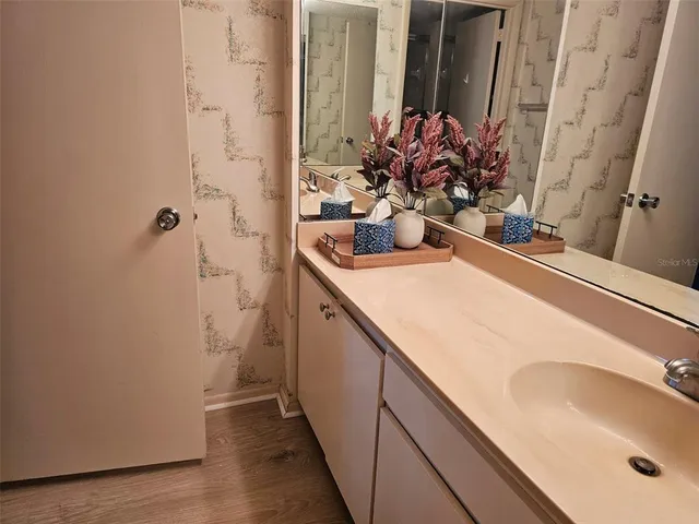 a bathroom with a sink and a mirror