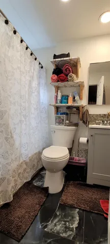 a bathroom with a toilet and a shower
