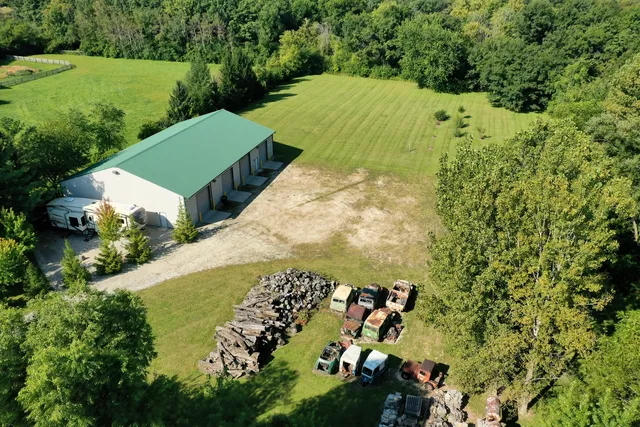 a view of a big yard with potted plants and large trees