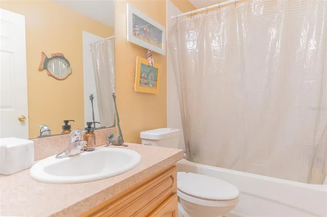 a bathroom with a sink a toilet and shower curtain