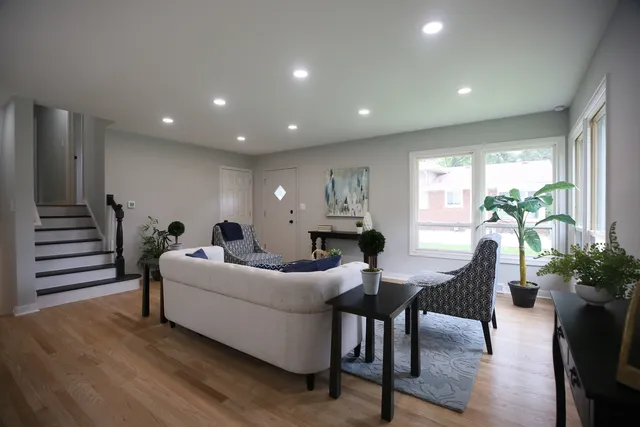 a living room with furniture and a potted plant