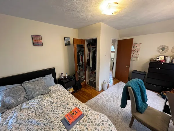 a bedroom with bed and a closet