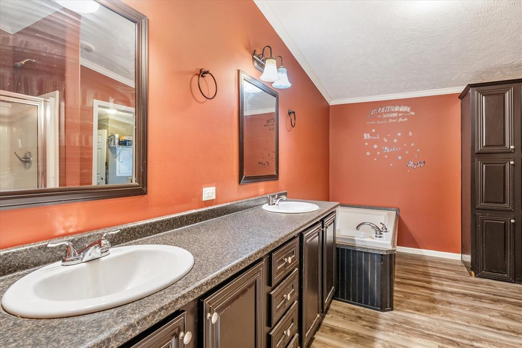 13902 East Travis Lane Log Cabin, TX 75148 - Photo 11 of 24 a bathroom with a granite countertop sink a mirror and a shower
