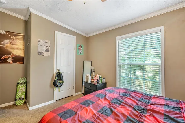 a bedroom with a bed and a window