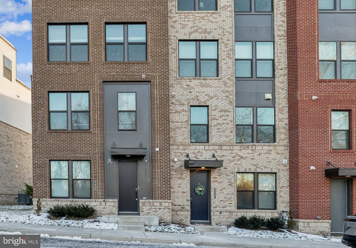 a front view of a brick building