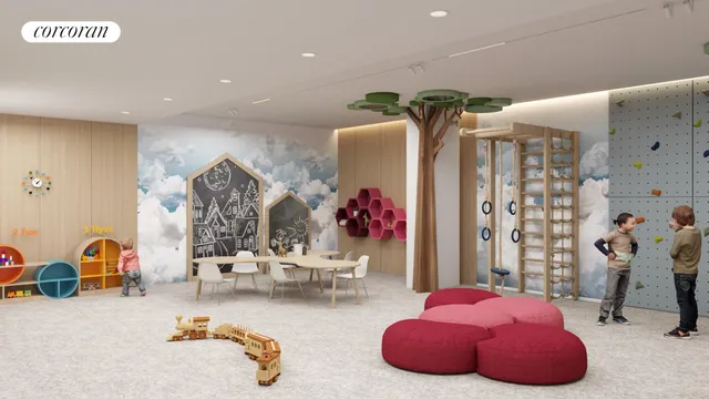 a room with gym equipment and a chandelier