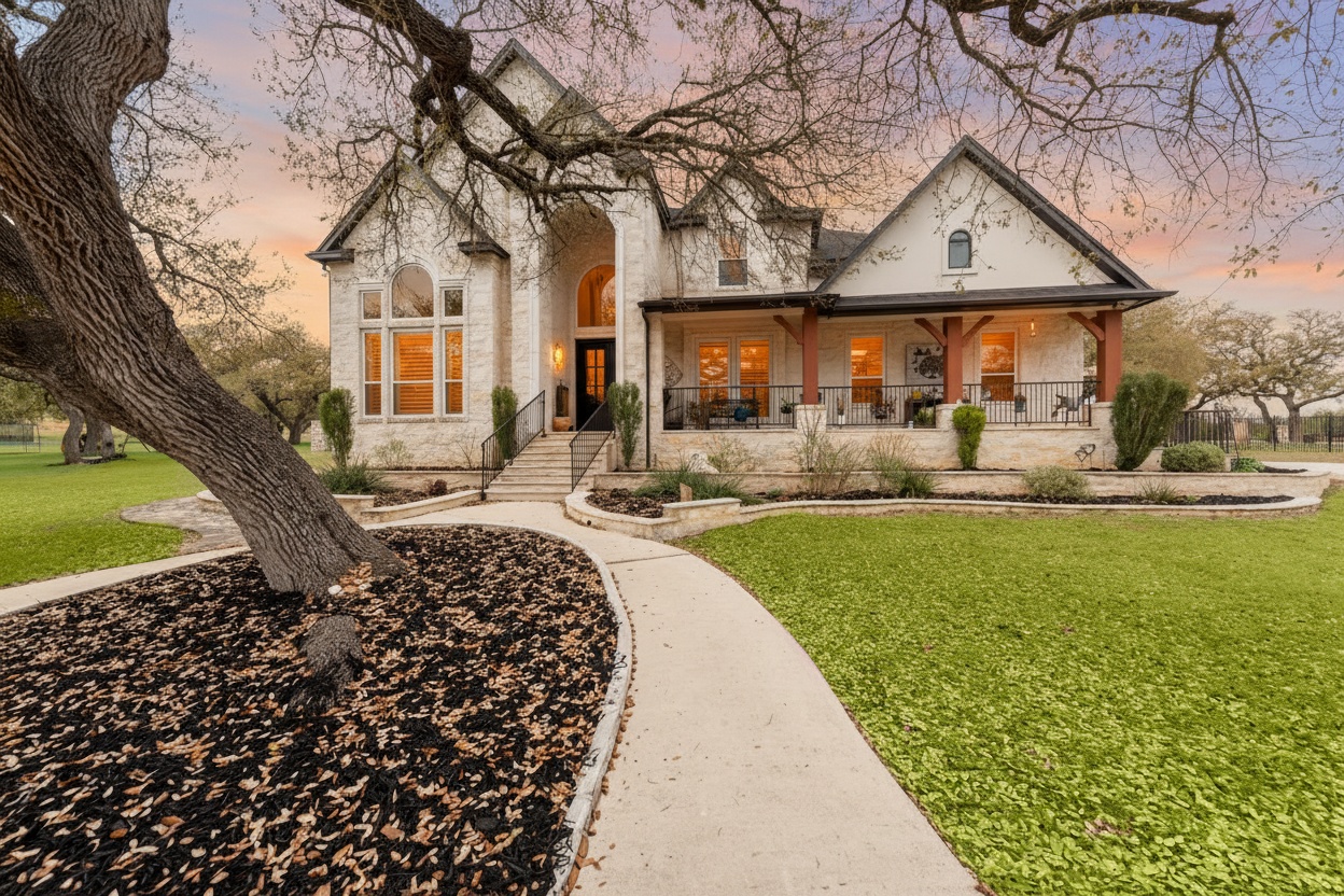 a front view of a house with a garden and patio