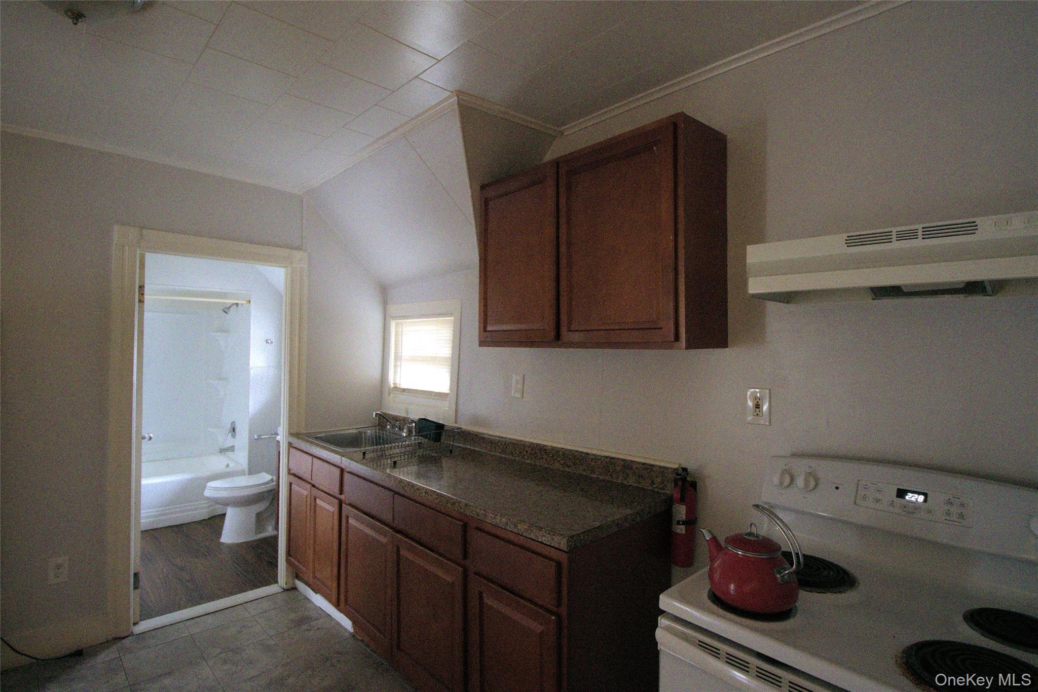 9 Spring Street Liberty, NY 12754 - Photo 15 of 29 Compact kitchen space featuring wood cabinetry, a double basin stainless steel sink, and a light-toned countertop