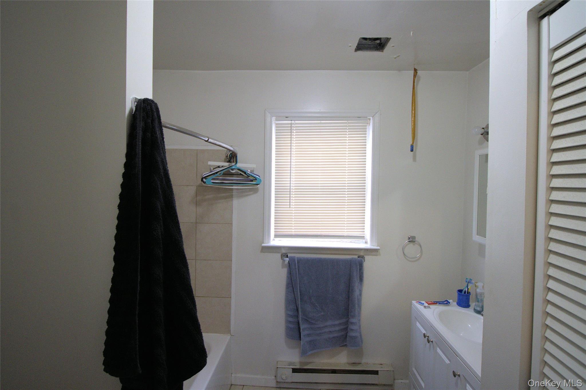 9 Spring Street Liberty, NY 12754 - Photo 2 of 29 Bathroom with a single window featuring horizontal blinds, a white vanity with an integrated sink, and a louvered door on the right