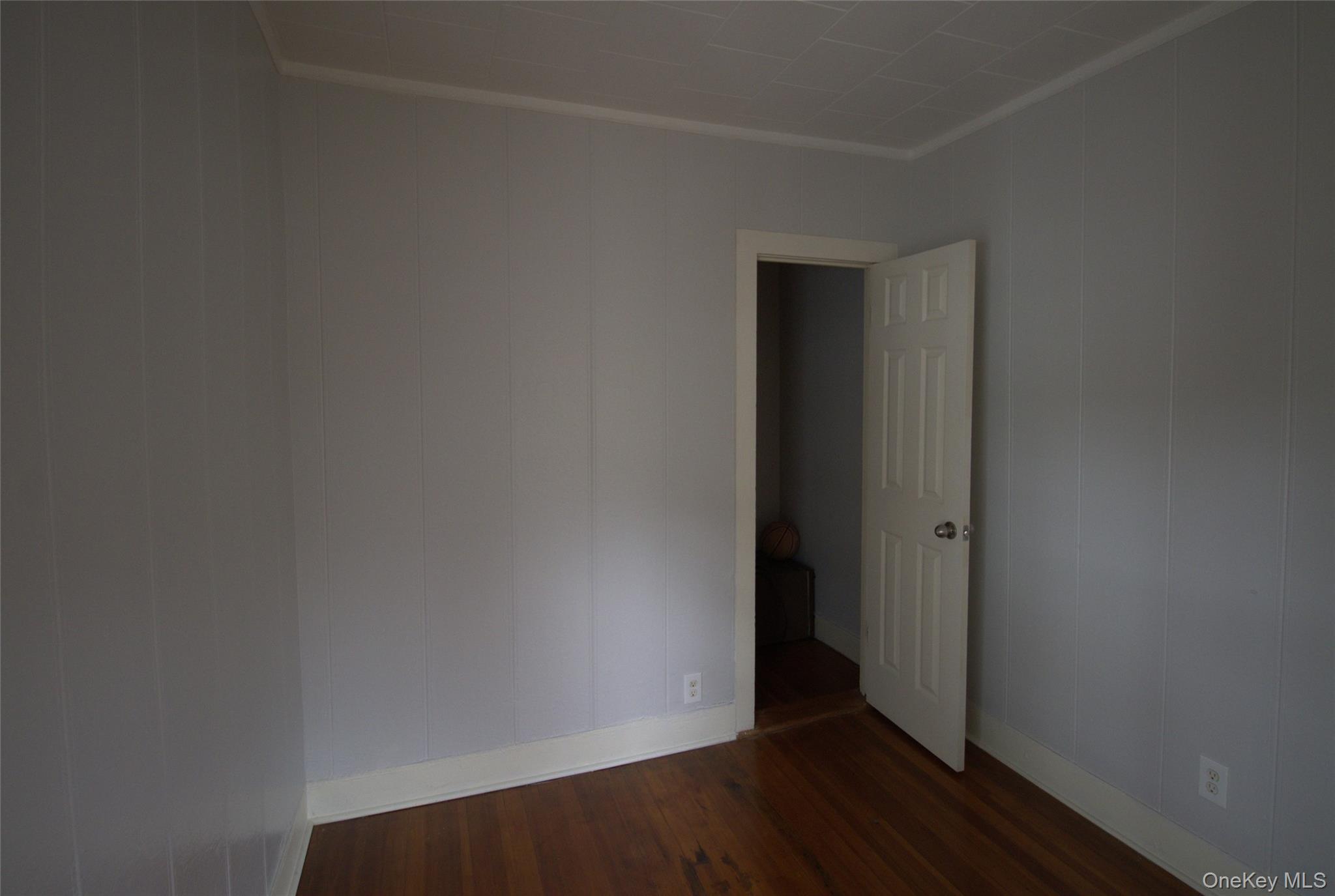 9 Spring Street Liberty, NY 12754 - Photo 9 of 29 Interior space featuring light-colored vertical paneled walls, wood-finish flooring, white trim, and a classic paneled door with a silver-tone knob