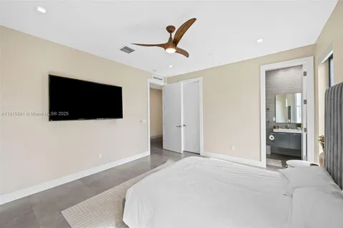 a bedroom with a bed and a flat screen tv