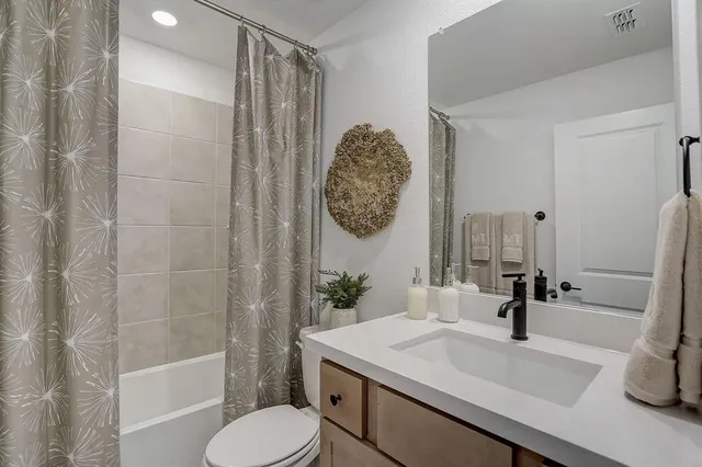 a bathroom with a sink a toilet a mirror a vanity and shower