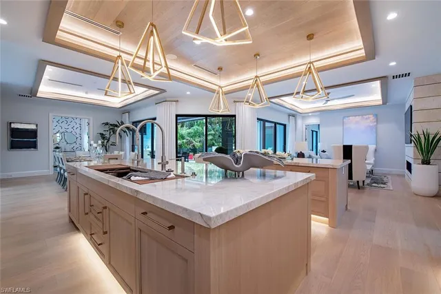 a kitchen with a stove and a table