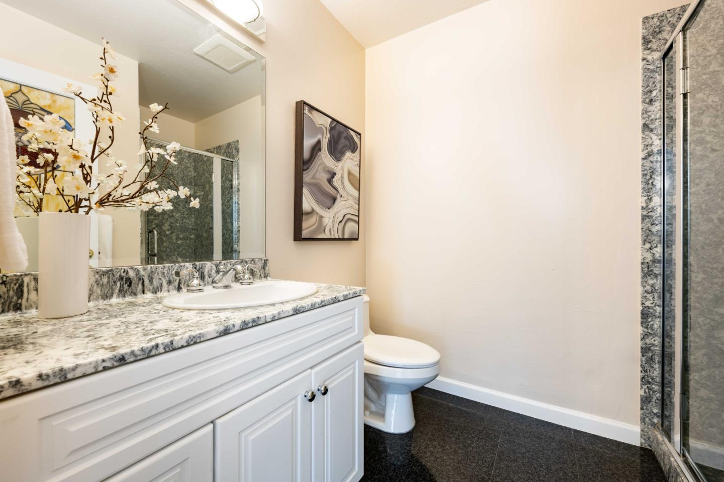 1655 Grant Road Mountain View, CA 94040 - Photo 11 of 24 a bathroom with a granite countertop sink and a mirror