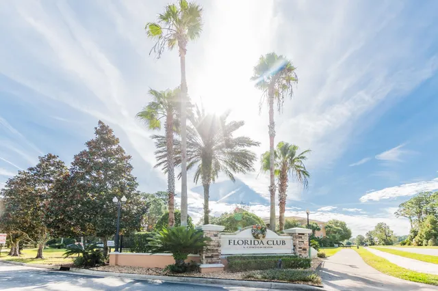 a view of a yard with palm trees