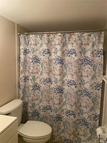 a bathroom with a toilet and a shower curtain
