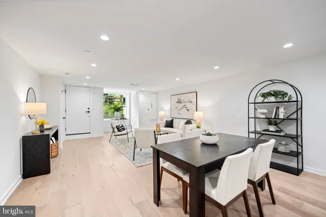 a view of a dining room with furniture