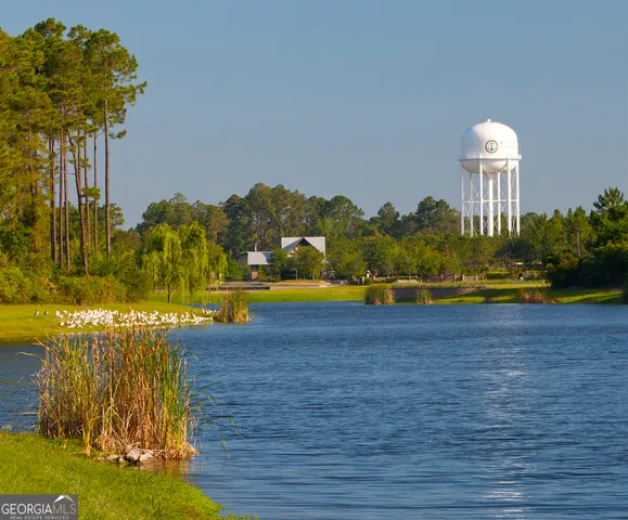 a view of a swimming pool with a yard and plants
