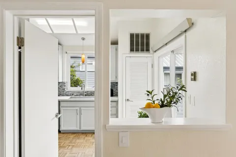 a view of a hallway with wooden floor and a potted plant