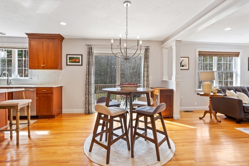 32 Harvard Road Bolton, MA 01740 - Photo 12 of 35 a dining room with furniture a chandelier and wooden floor