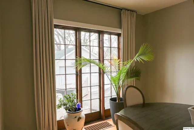 a view of a room with a window and potted plant