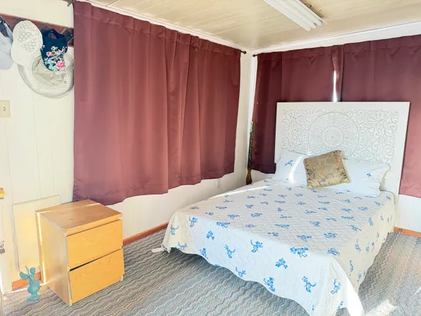 a room with storage and a table