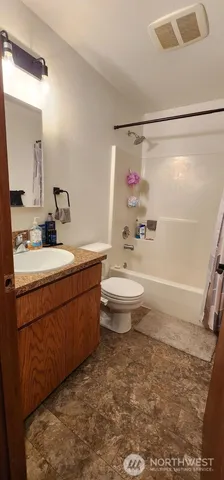 a bathroom with a sink toilet vanity and shower
