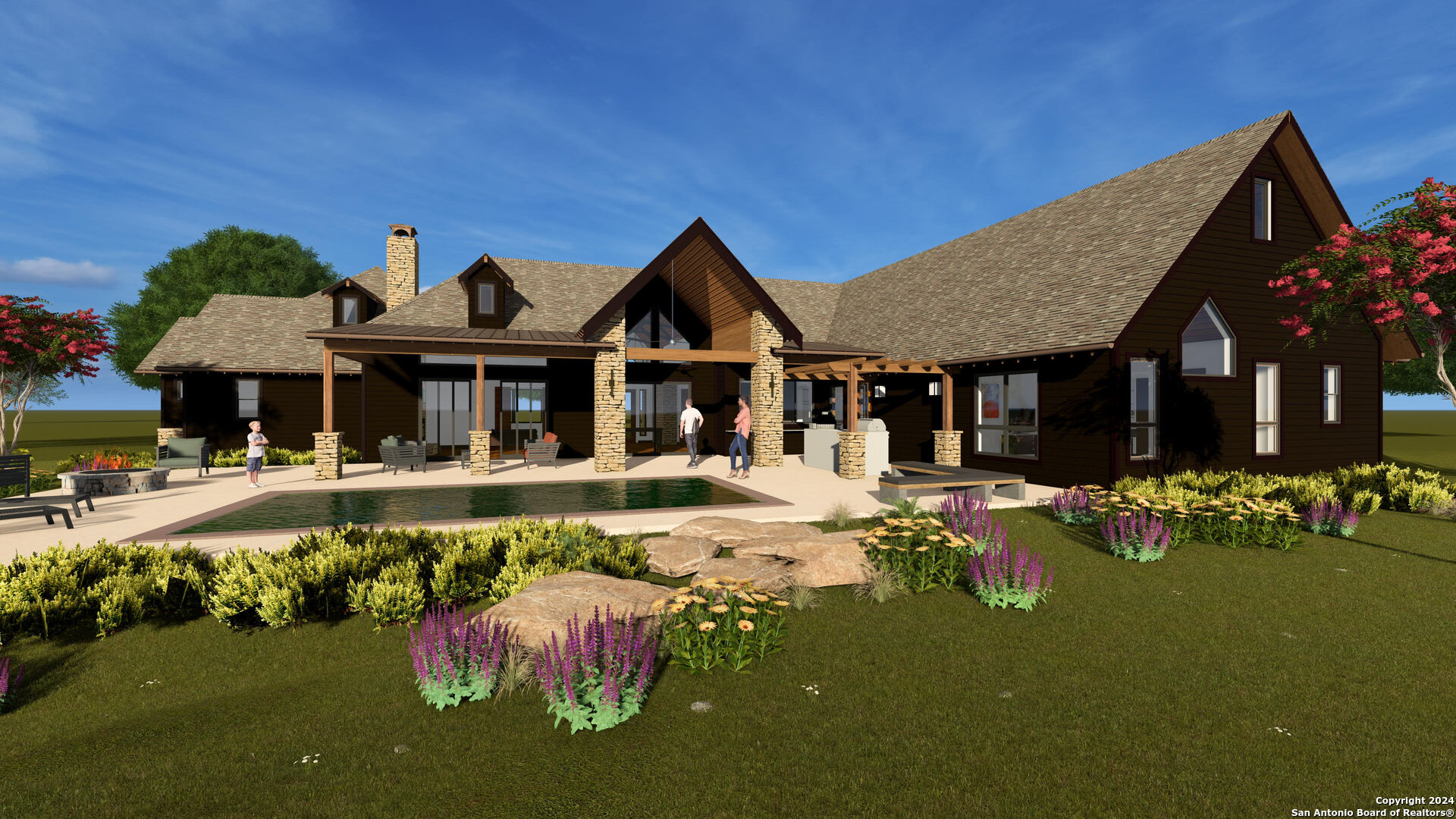 a front view of a house with swimming pool having outdoor seating