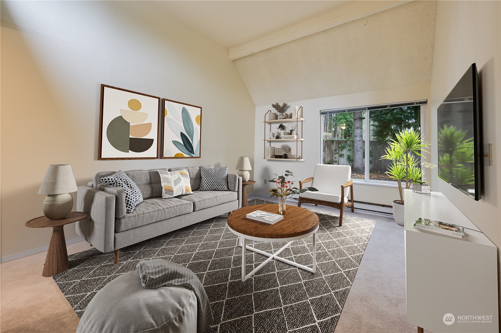 14600 Southeast 176th Street, Unit K8 Renton, WA 98058 - Photo 3 of 17 a living room with furniture a flat screen tv and a large window