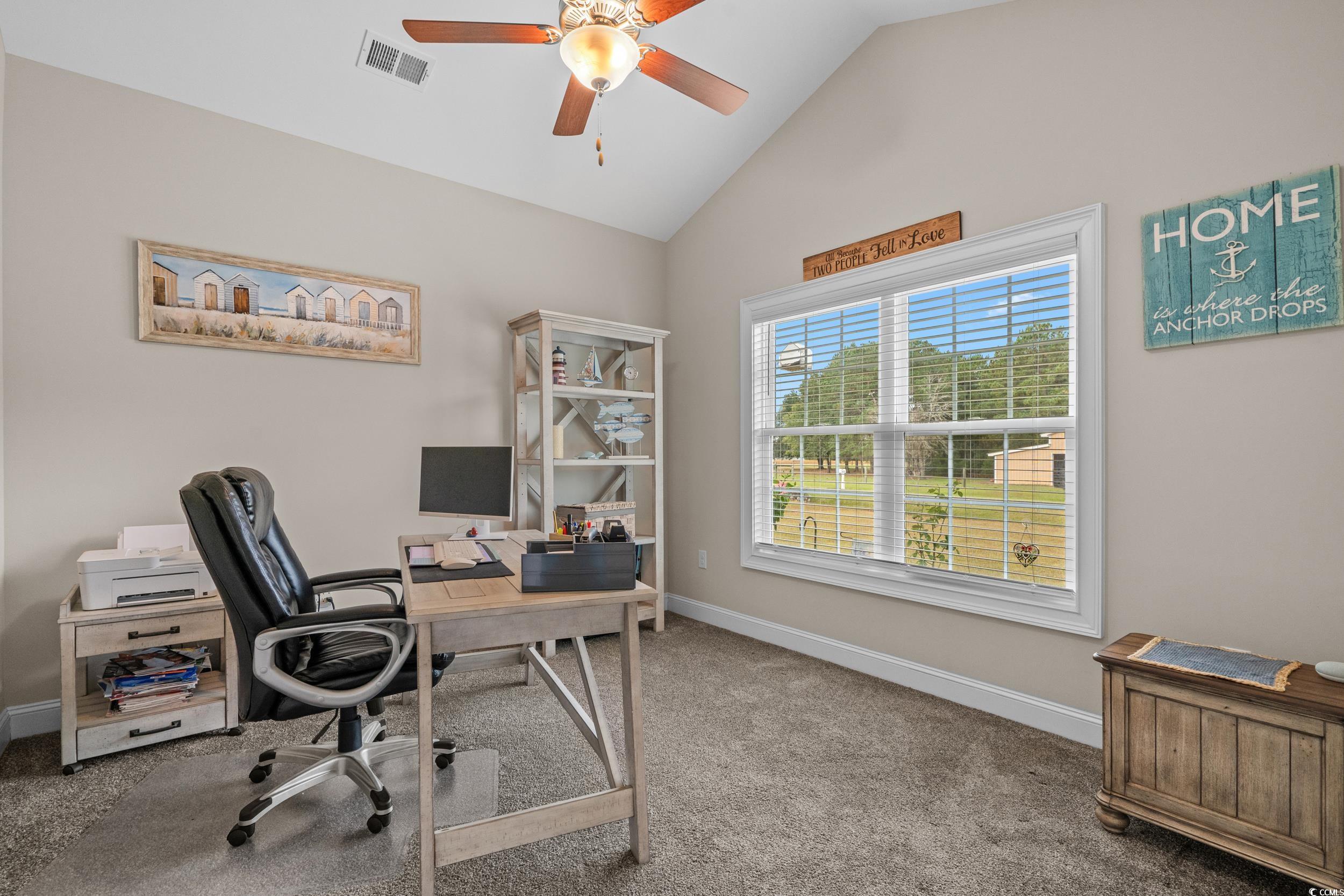 3624 Edwards Road Aynor, SC 29511 - Photo 6 of 40 Home office with lofted ceiling, carpet, and ceiling fan