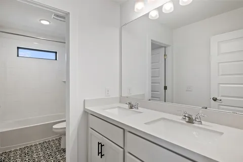 a bathroom with a shower sink vanity and a mirror