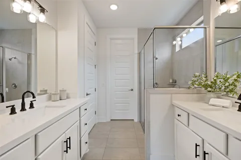 a bathroom with a double vanity sink mirror and shower