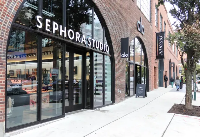 a front view of a building with traffic signal