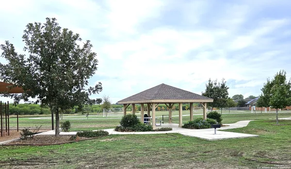 a swimming pool with lots of tress in front of it