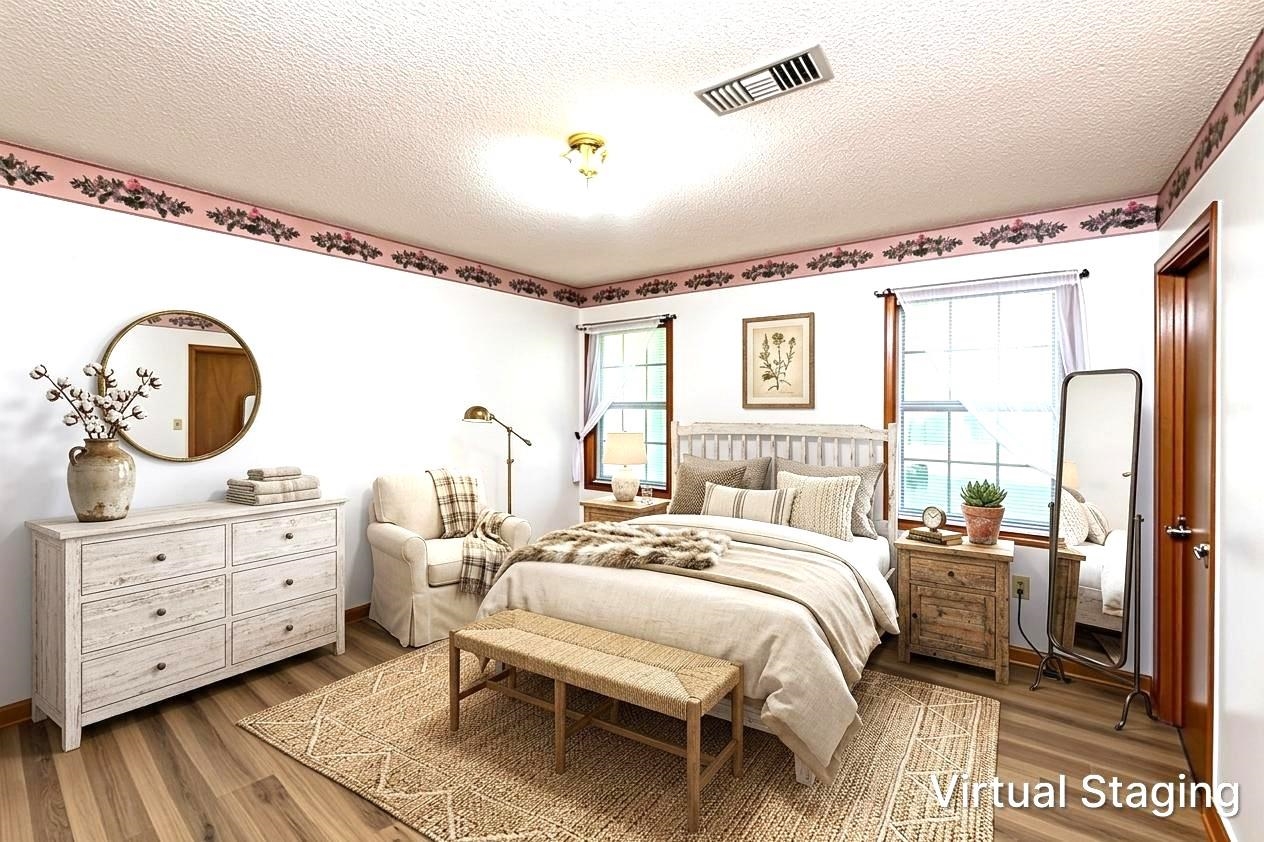 937 Kelleys Chapel Road Burlison, TN 38015 - Photo 20 of 40 Bedroom featuring wood-finish flooring, two large windows, a ceiling-mounted light fixture, and a decorative wall border