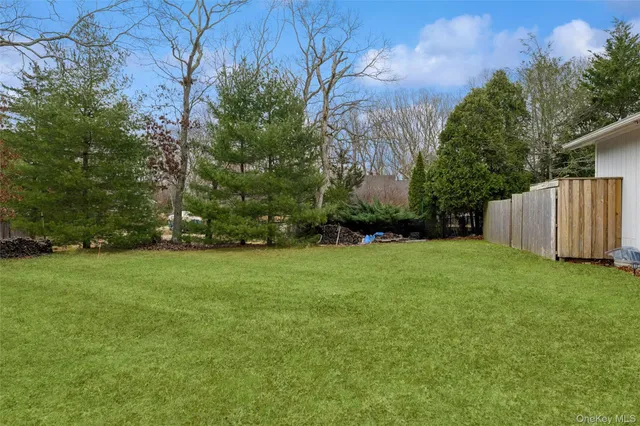 a view of a backyard with large trees
