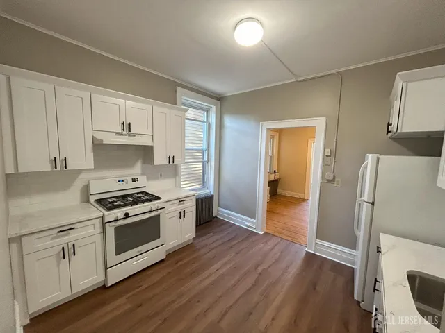 a kitchen with a stove a refrigerator and a sink