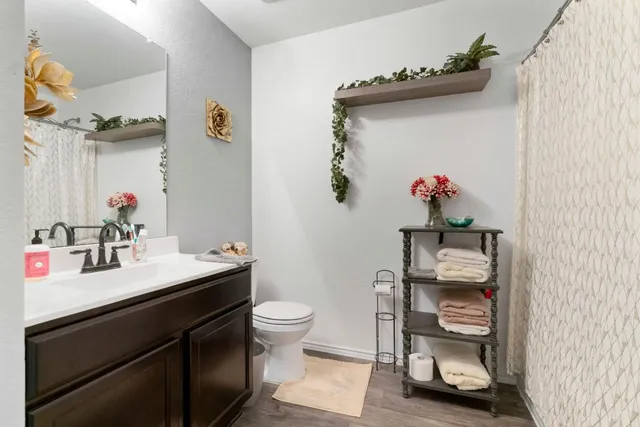 a bathroom with a sink vanity and toilet