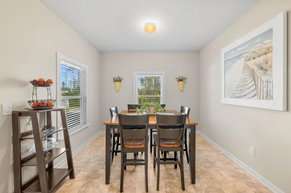a view of a dining room with furniture window and outside view