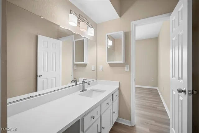 a bathroom with a sink and mirror