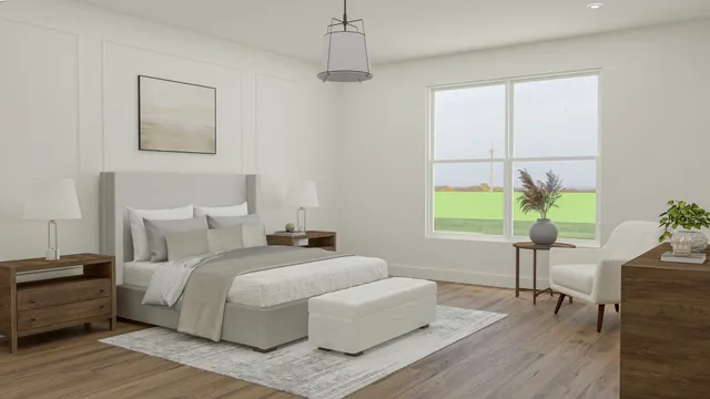 a bedroom with a bed and a table