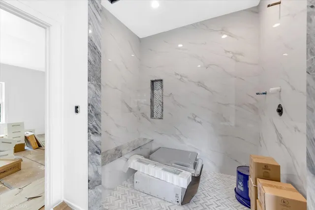 a bathroom with a bathtub