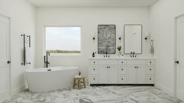 a bathroom with a double vanity sink mirror and bathtub
