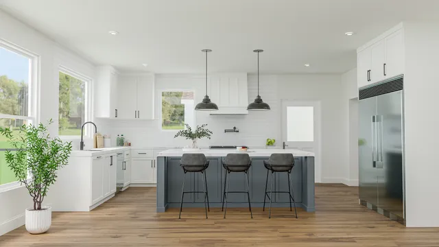a view of kitchen with cabinets and wooden floor