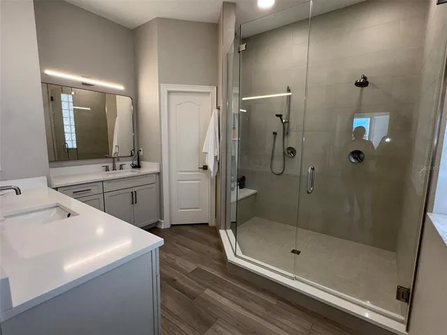 a bathroom with a shower a sink and mirror