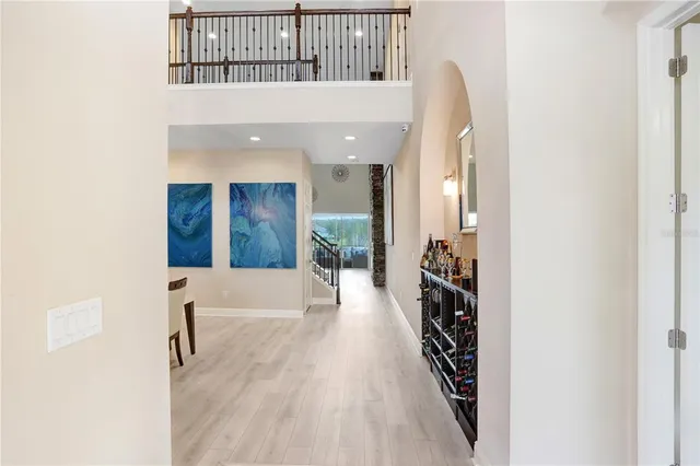 a view of a dining room with furniture and window