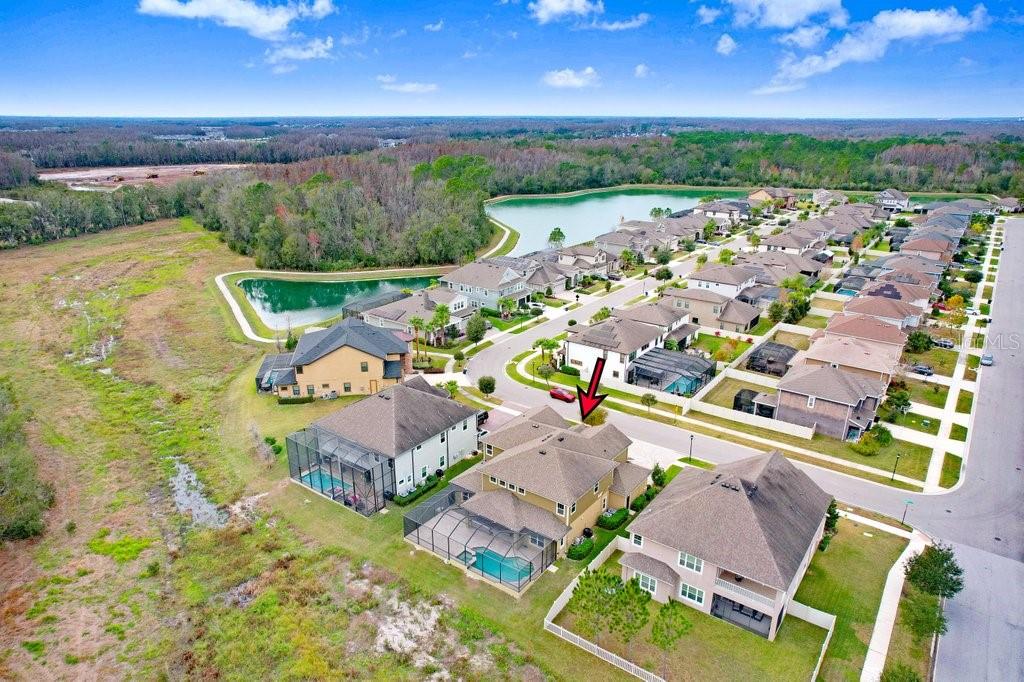 32450 Talimena Loop Wesley Chapel, FL 33543 - Photo 64 of 68 an aerial view of a house with a garden and lake view