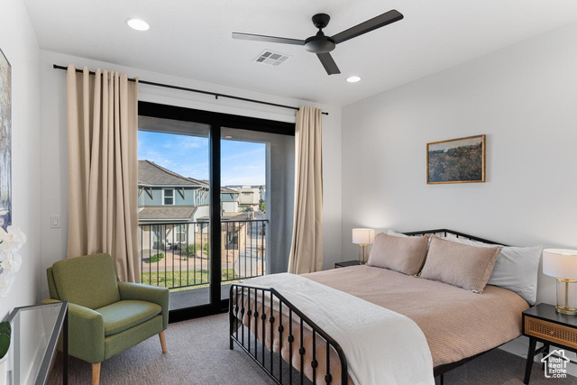 5367 Cyan Lane St. George, UT 84790 - Photo 23 of 36 Bedroom featuring access to outside, carpet, recessed lighting, and a ceiling fan