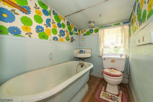 a bathroom with a toilet and a tub