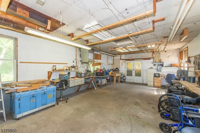 a backyard of a house with plants and large trees